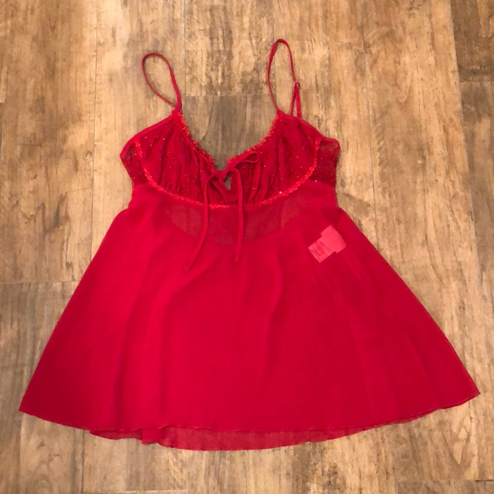 Red sheer teddy with lace/rhinestone top